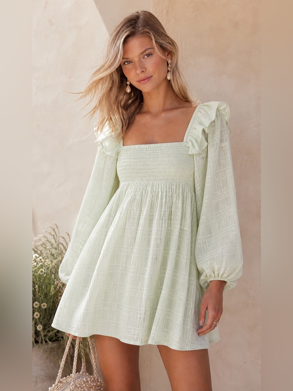 Tularosa Smocked Ruffle Mini Dress Light Sage Green Boho S